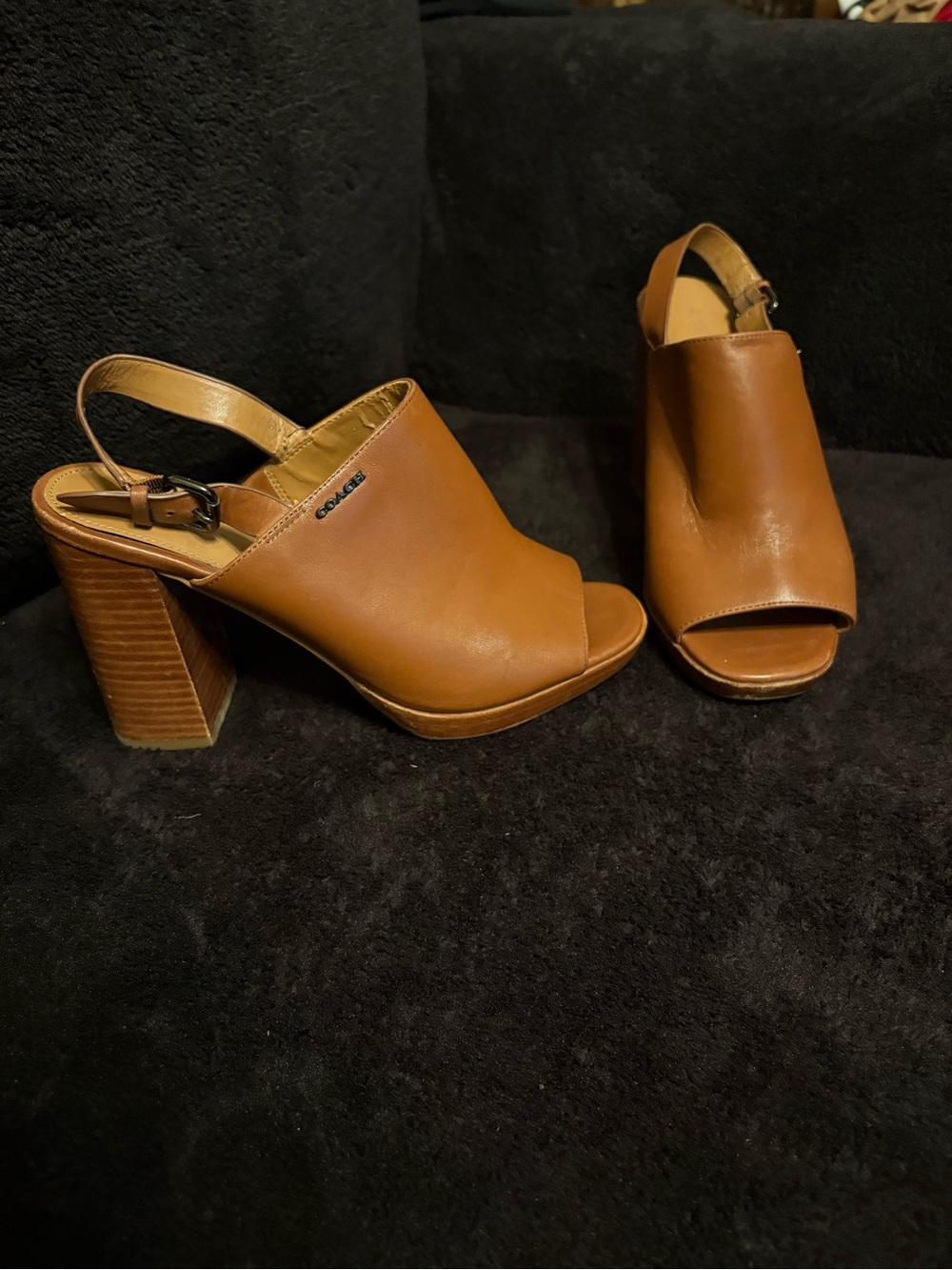 Coach Khaki Brown Leather Peep Toe Slingback Mule Heels 8 B See Pics For Cond